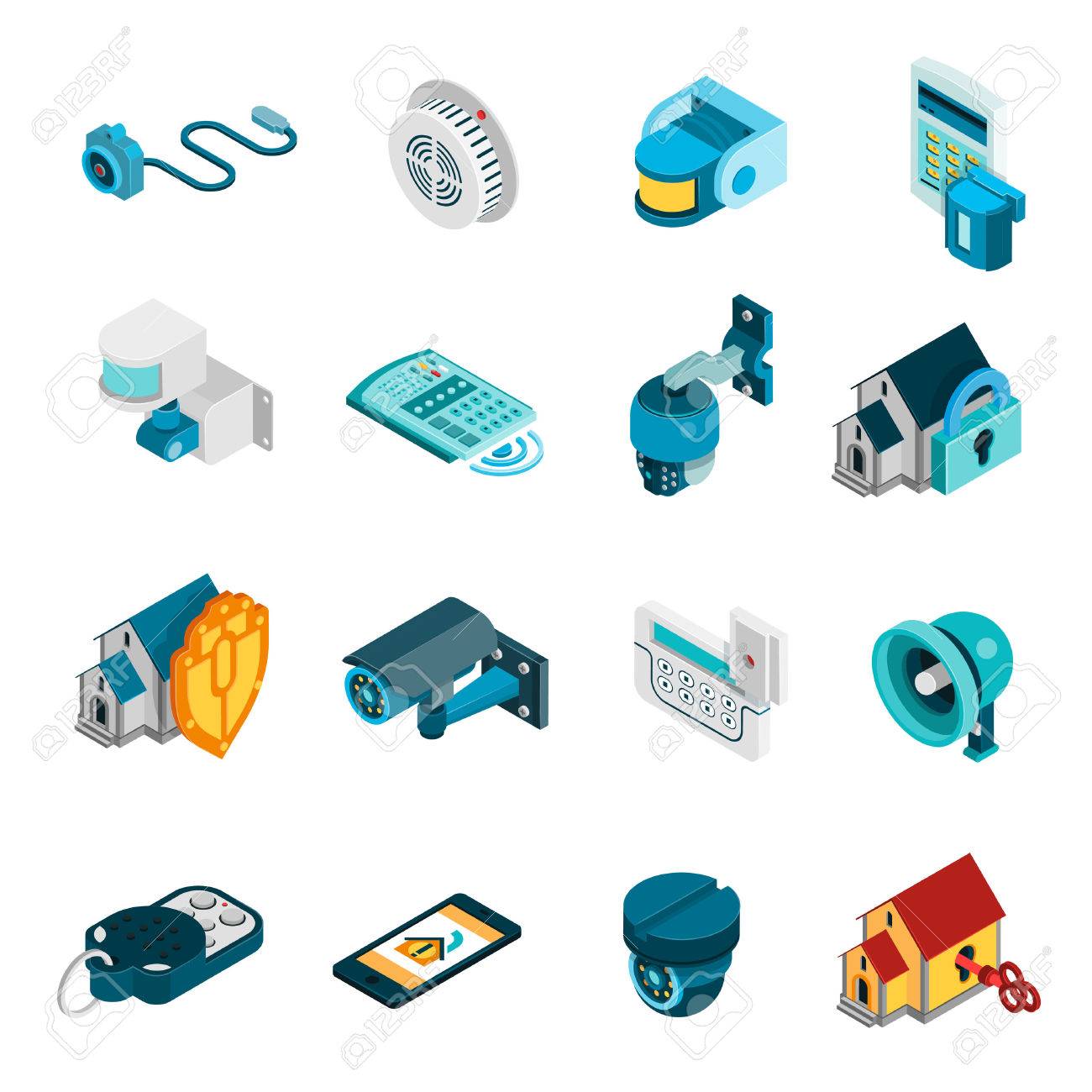 Security system isometric icons set with alarm and camera symbols isolated vector illustration - 54733400 Security system isometric icons set with alarm and camera symbols isolated vector illustration - 54733400
