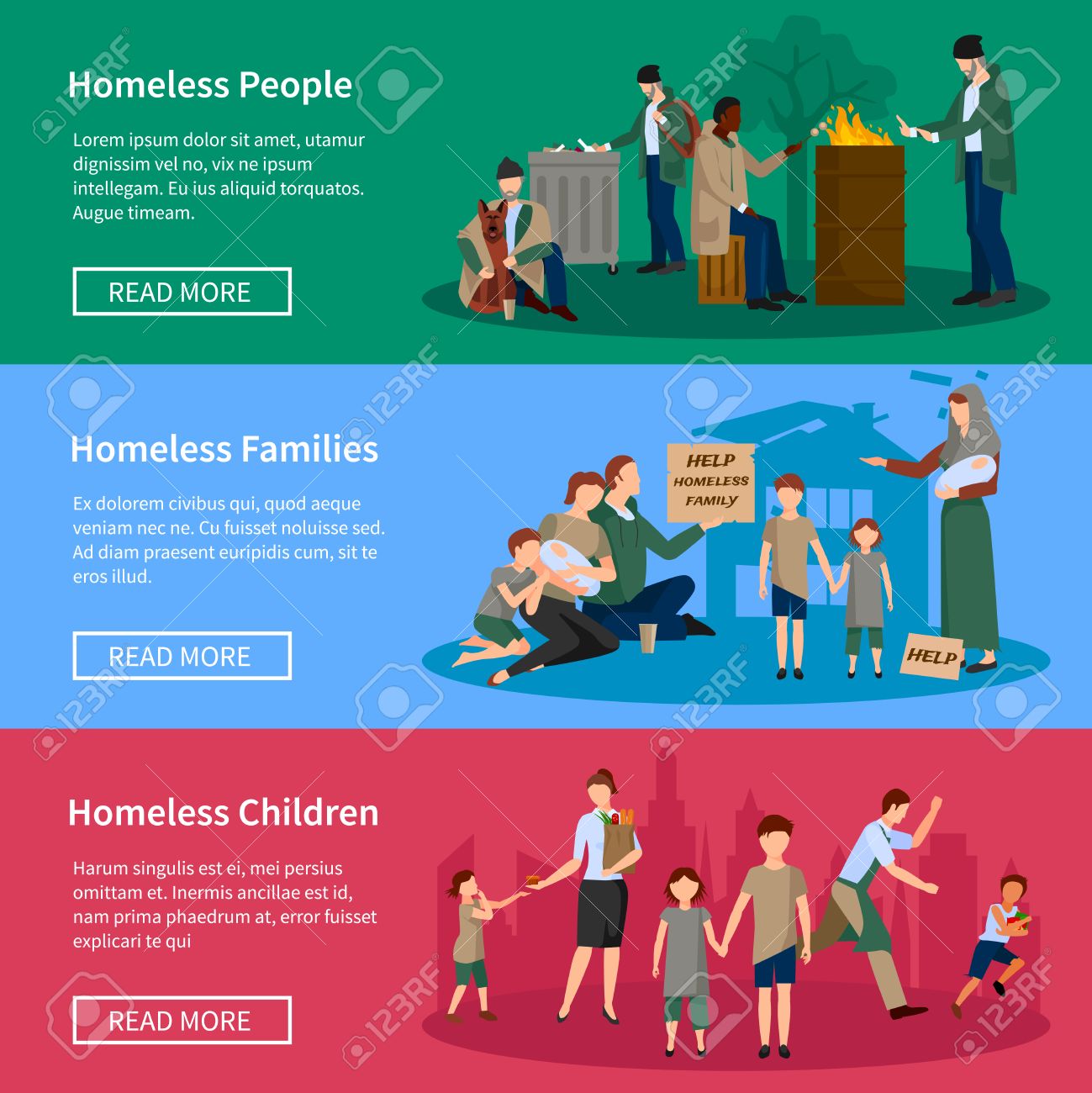 食べ物や通行人のベクトル図から助けを求めてお金を使わない路上生活の人とホームレス バナー設定 のイラスト素材 ベクタ Image