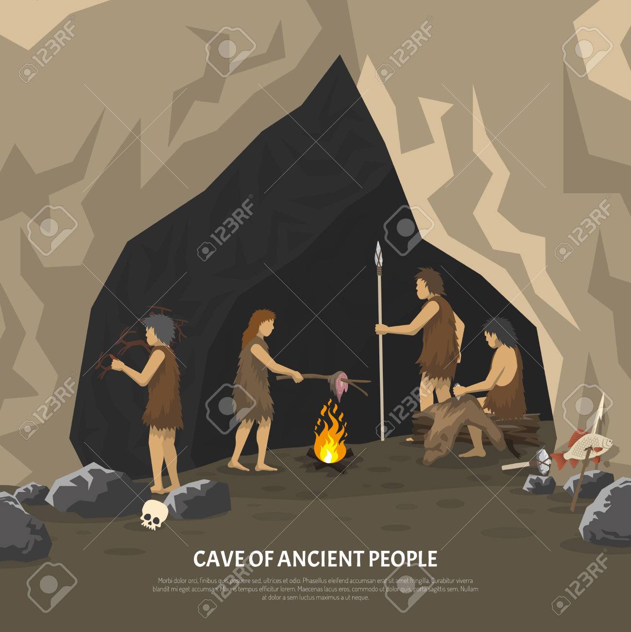 Color illustration showing activities ancient people in cave in stone age vector illustration - 54906942 Color illustration showing activities ancient people in cave in stone age vector illustration - 54906942