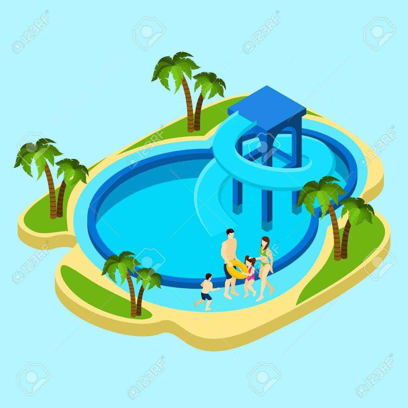 Family At Water Park With Slides And Swimming Pool On Blue Background Isometric Vector Illustration Stock Family At Water Park With Slides And Swimming Pool On Blue Background Isometric Vector Illustration Stock