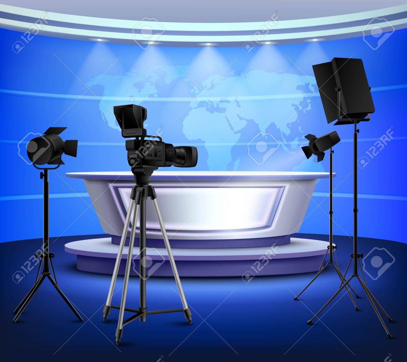 Realistic blue news studio interior with table on pedestal world map on wall floodlight camera vector illustration - 55977158 Realistic blue news studio interior with table on pedestal world map on wall floodlight camera vector illustration - 55977158