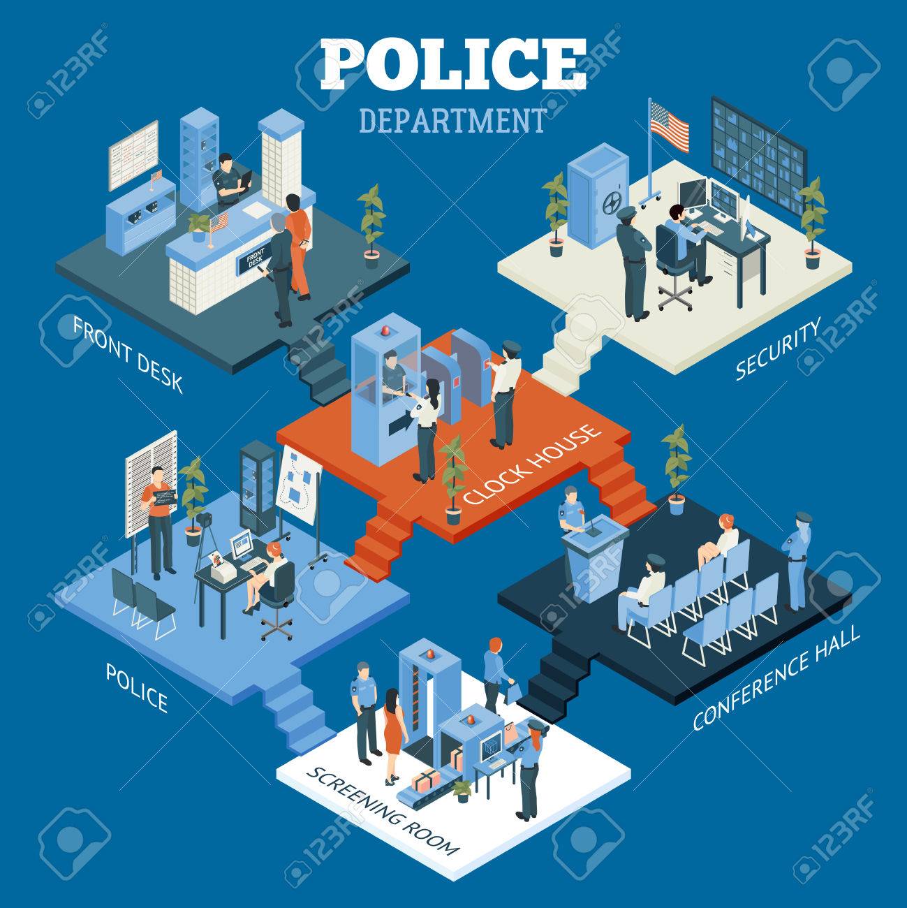 Police Department Isometric Concept With Screening Room And