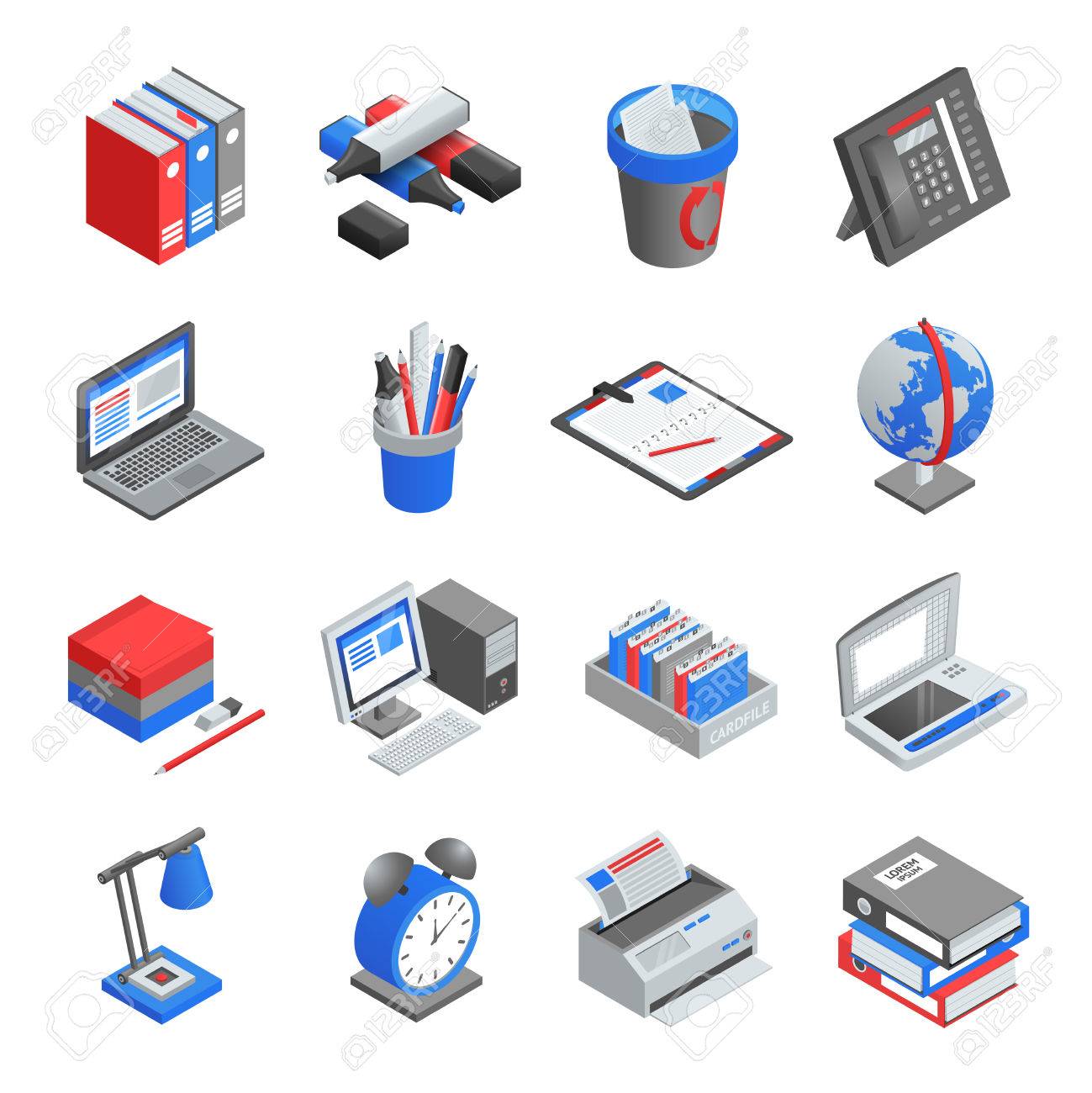 Diferentes Azules Y Grises Herramientas De Oficina De Color Rojo Para Del Trabajo Establecidos Ilustración Vectorial Aislado Ilustraciones Svg, Vectoriales, Clip Art Vectorizado De Derechos. Image 55977333.