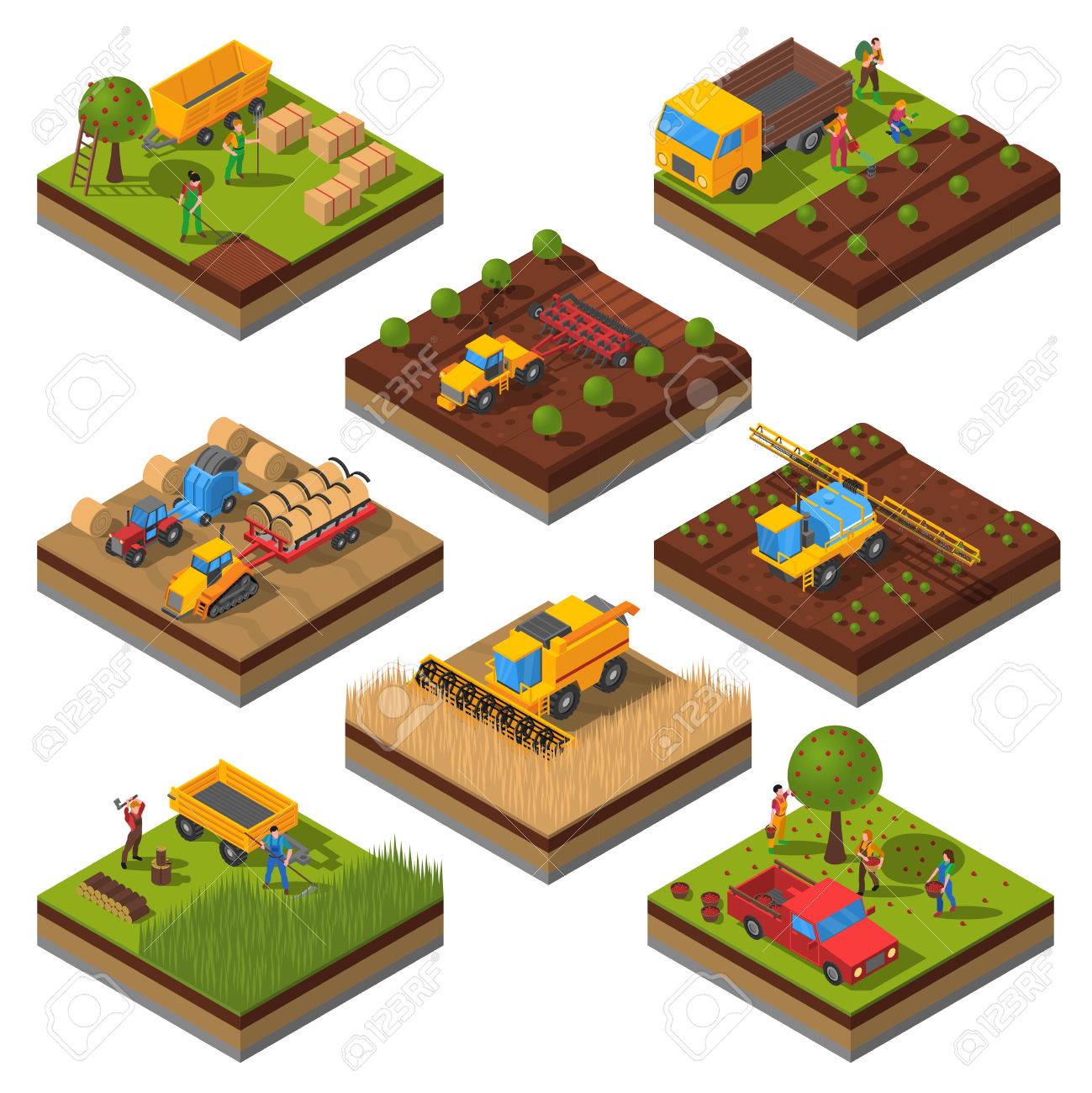 Isometric set with isolated plates of fields and agricultural machines harvesting and people cropping vector illustration - 56989738 Isometric set with isolated plates of fields and agricultural machines harvesting and people cropping vector illustration - 56989738