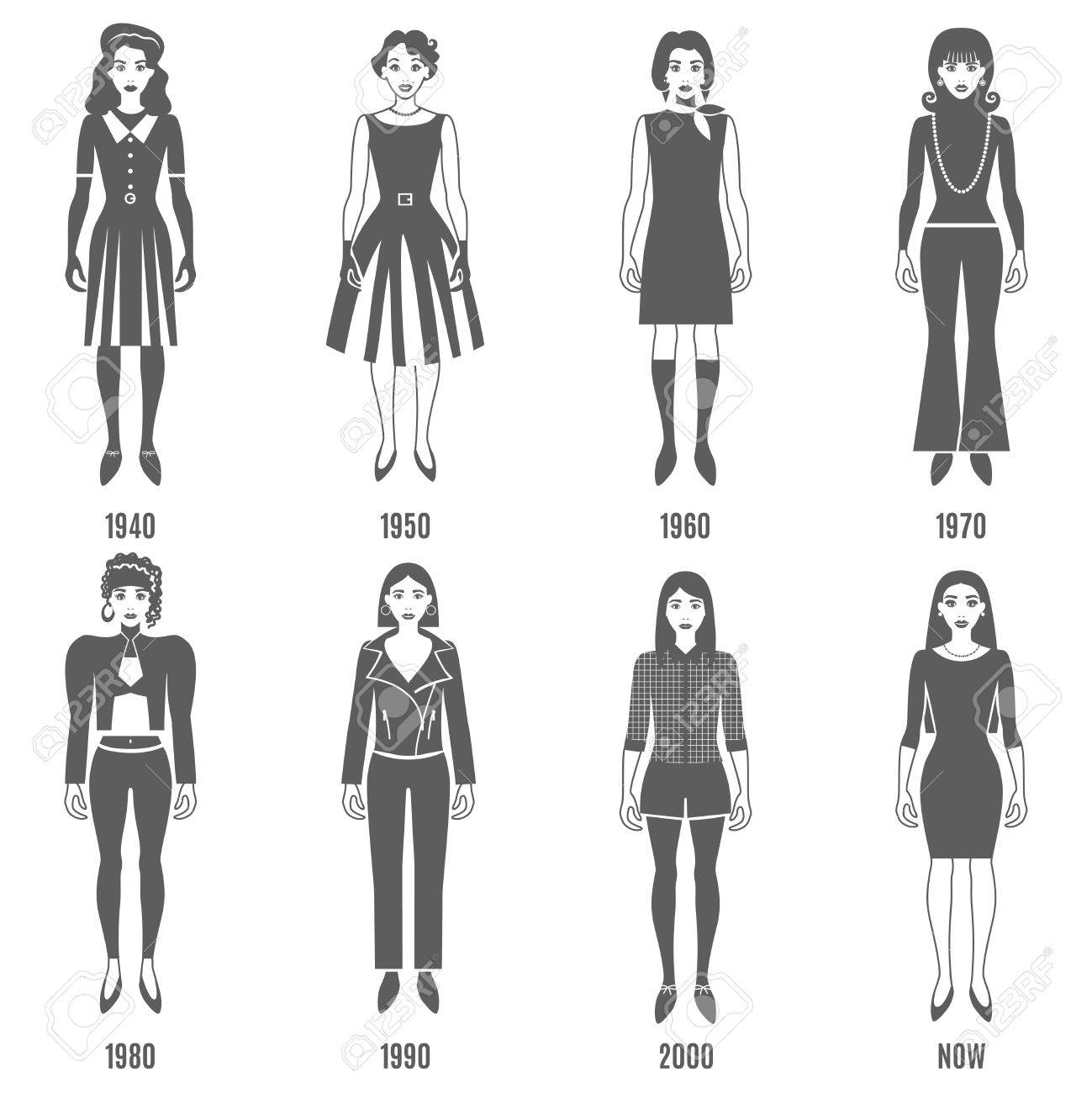 女性ファッションの黒白いアイコンを設定。ファッション開発ベクトル イラスト。女性ファッションの進化の装飾セット。 進化・ ファッション ・ デザインを設定します。ファッションの進化フラット分離セット。
