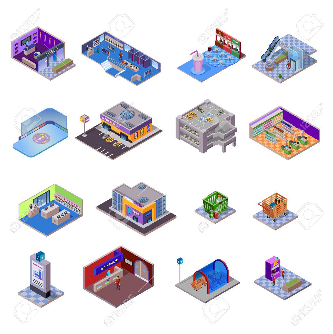 Shopping Mall Objects Set With Different Departments And Related