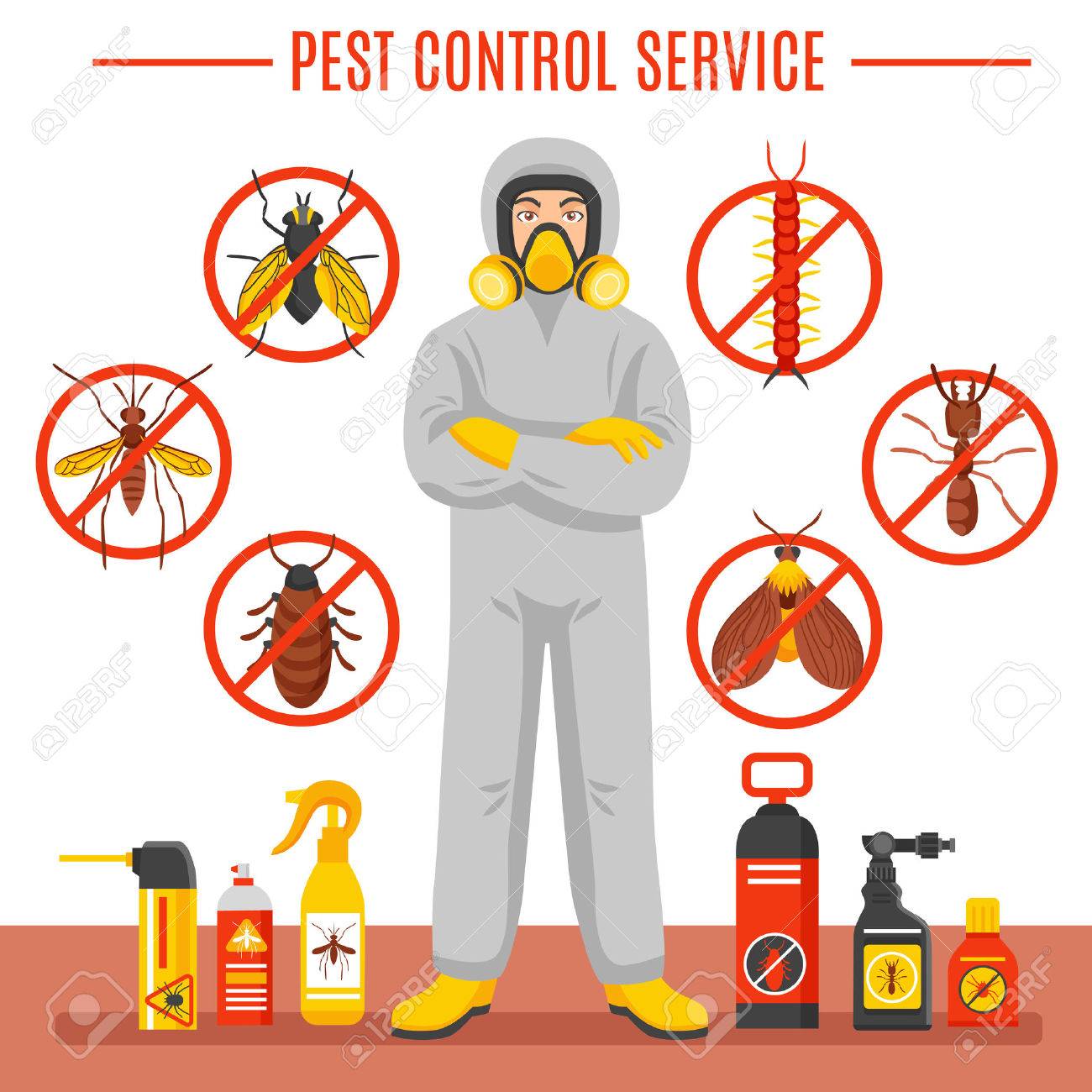 Pest control service vector illustration with exterminator of insects in chemical protective suit termites and disinfection cans flat icons - 61084473 Pest control service vector illustration with exterminator of insects in chemical protective suit termites and disinfection cans flat icons - 61084473