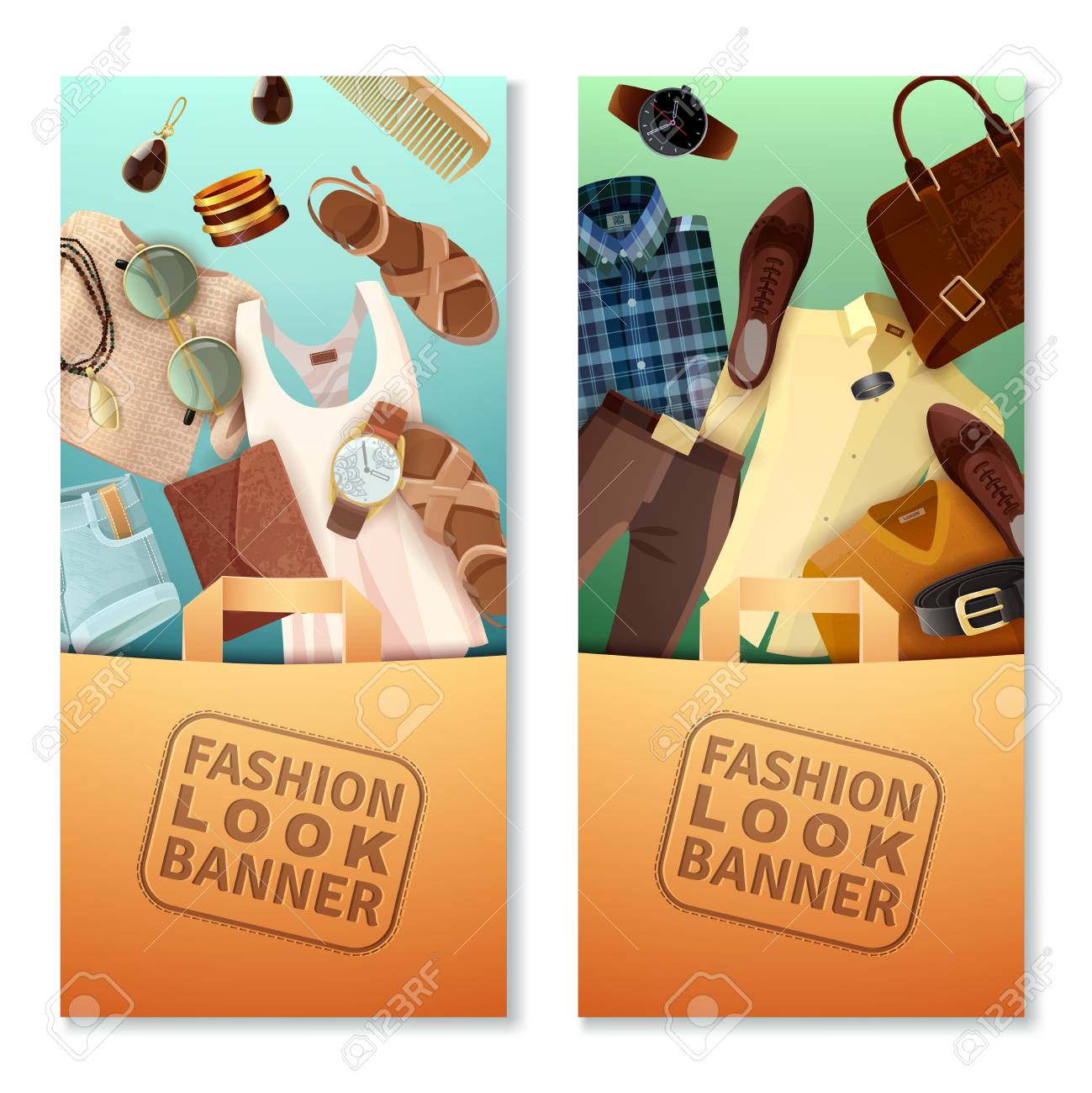vertical fashion look banners with shopping bags male and female