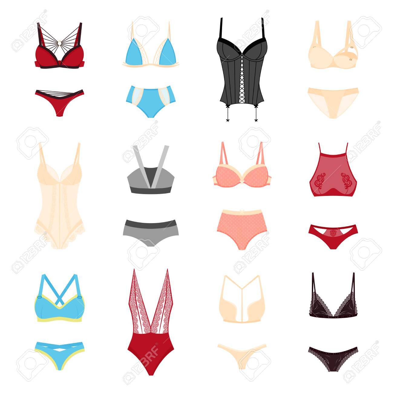 Ensemble Design Plat De Différents Types De Style Belle Sous-vêtements  Colorés Femme Isolé Sur Illustration Vectorielle Fond Blanc Clip Art Libres  De Droits , Vecteurs Et Illustration. Image 61495363.