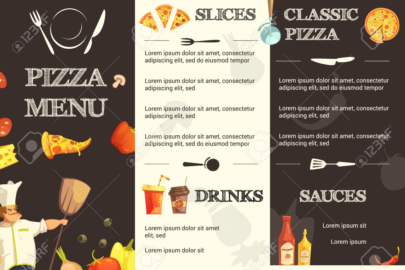 menu template for restaurant and pizzeria with different kinds