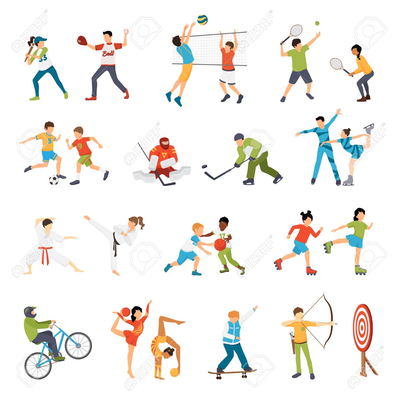 Flat icons set of kids doing different types of sports from football to archery isolated vector illustration - 69702813 Flat icons set of kids doing different types of sports from football to archery isolated vector illustration - 69702813
