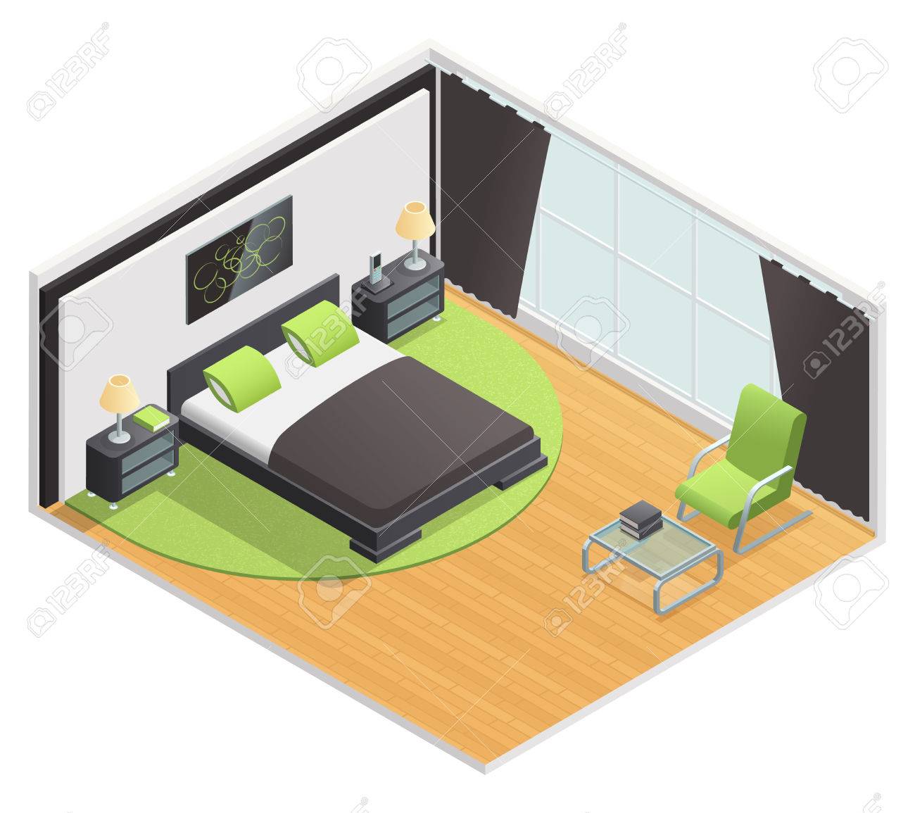 Bedroom Interior Isometric View With Queen Size Double Bed Nightstand