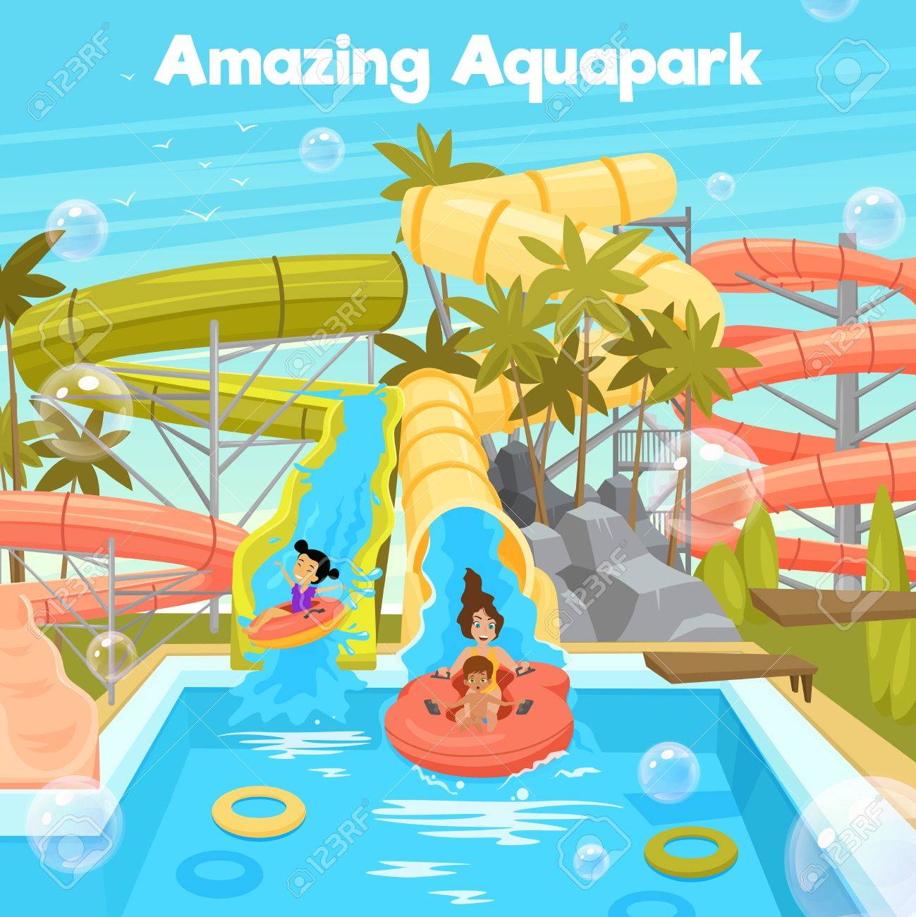 Aquapark Poster Template With Water Pool Slides Pipes Cheerful Family And Children In Flat Style Vector Aquapark Poster Template With Water Pool Slides Pipes Cheerful Family And Children In Flat Style Vector