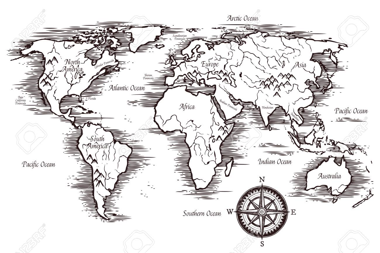 Croquis De Modele De Carte Du Monde Dans Des Couleurs Noir Et Blancs Avec Des Titres De Continents Et Des Oceans Vector Illustration Clip Art Libres De Droits Vecteurs Et Illustration