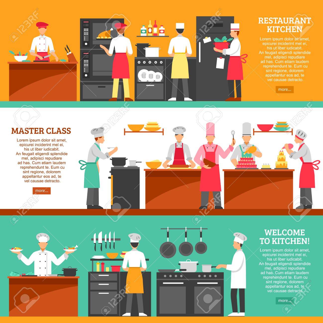 Restaurant Kitchen Illustration professional cooking horizontal banners set with restaurant Restaurant Kitchen Illustration professional cooking horizontal banners set with restaurant