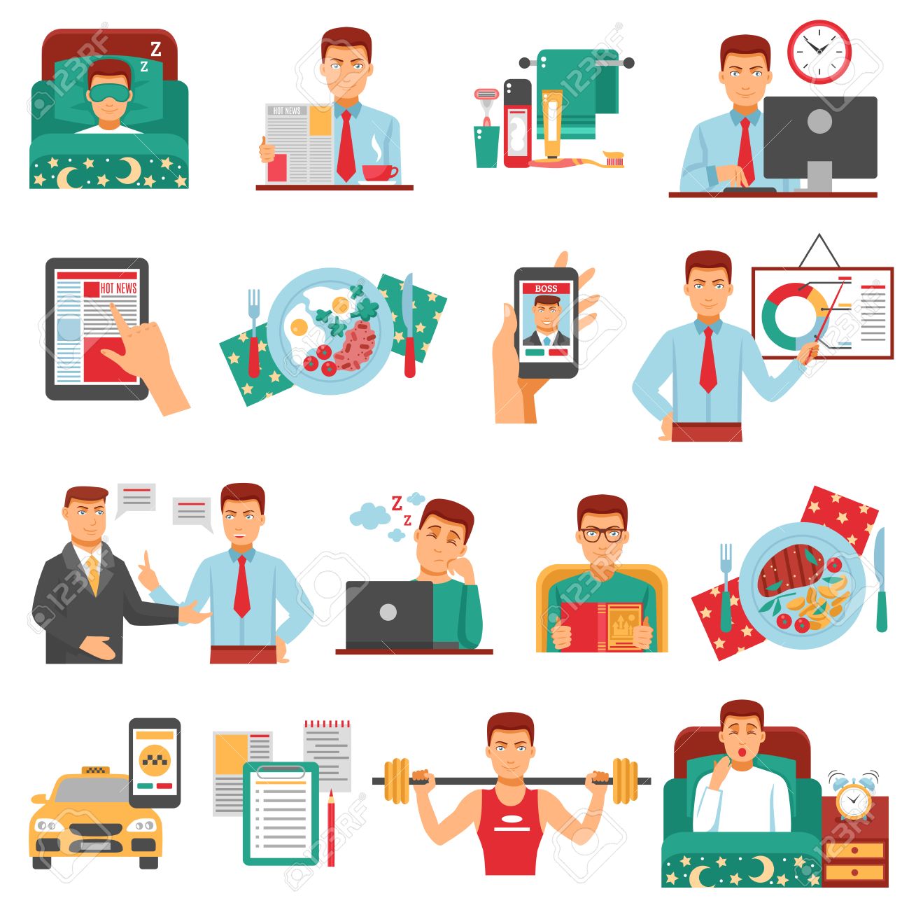 man daily routine icon set with a busy man during the day dream