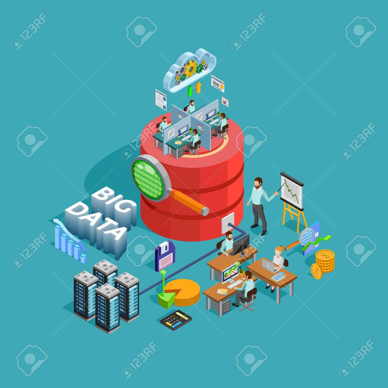 大きなデータ アクセス ストレージ物流情報管理や効率的なプランニングで等尺性ポスター イラストの解析 のイラスト素材 ベクタ Image