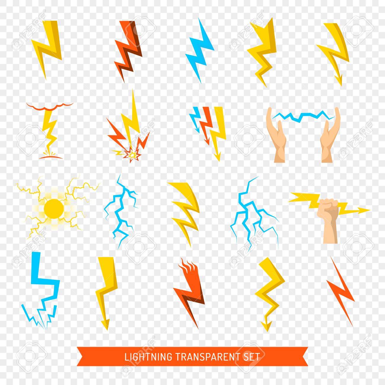 flat set of bright colorful lightnings and fireball isolated fireball no background