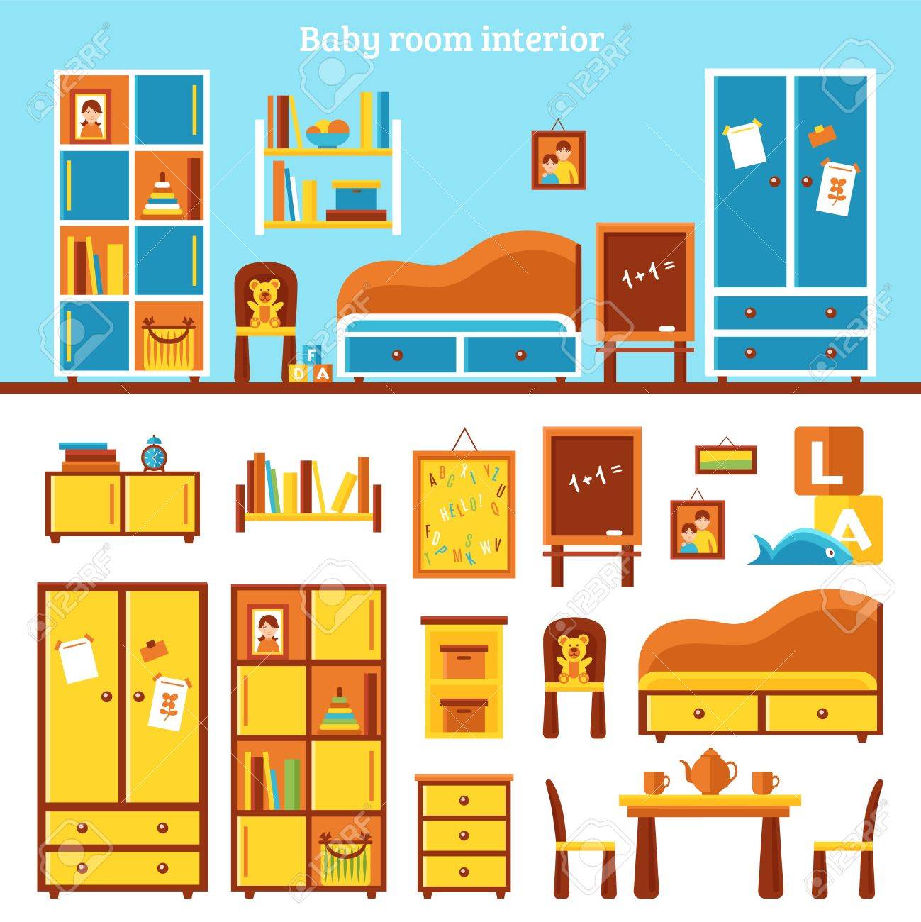 Baby room furniture infographics with interior of nursery and.. Baby room furniture infographics with interior of nursery and..