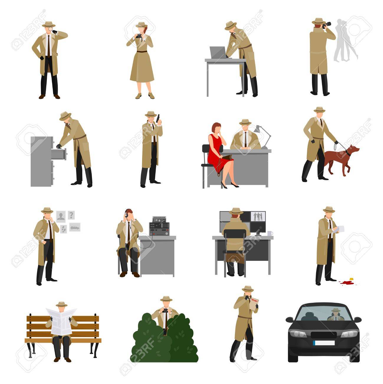 さまざまなポーズでエージェントと分離されたフラット スタイルのベクトル図に状況探偵文字コレクションのイラスト素材 ベクタ Image