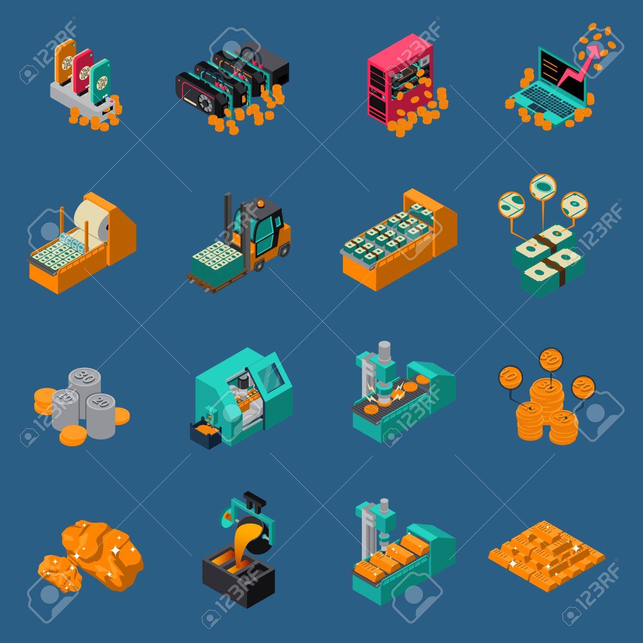 Money Manufacturing Isometric Icons Of Gold Production Equipment - money manufacturing isometric icons of gold production equipment and dollar printing press isolated vector illustration stock