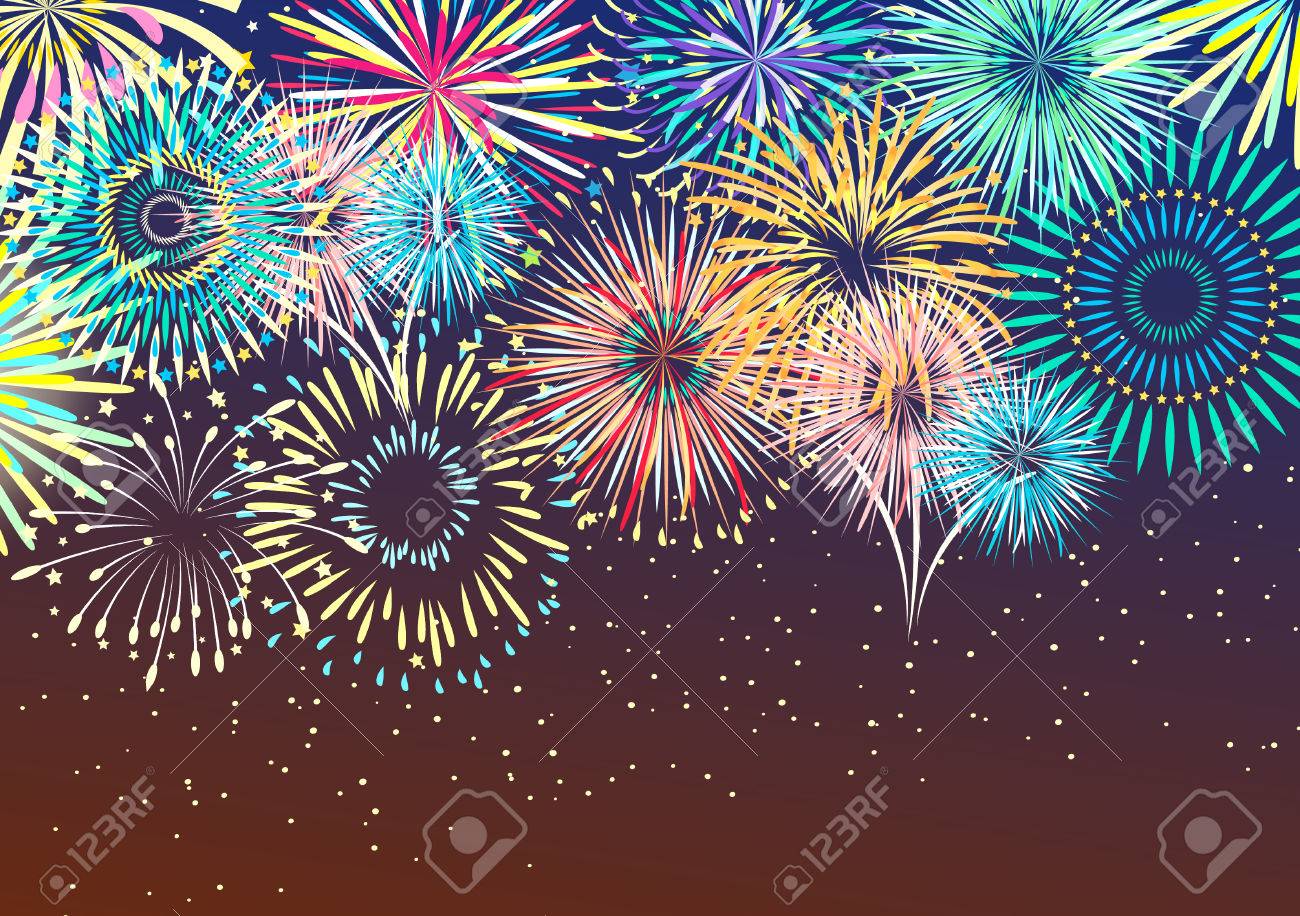 カラフルなお祭りの花火が夜空背景平面ベクトル図で様々 な抽象的な輝く形でバーストします のイラスト素材 ベクタ Image