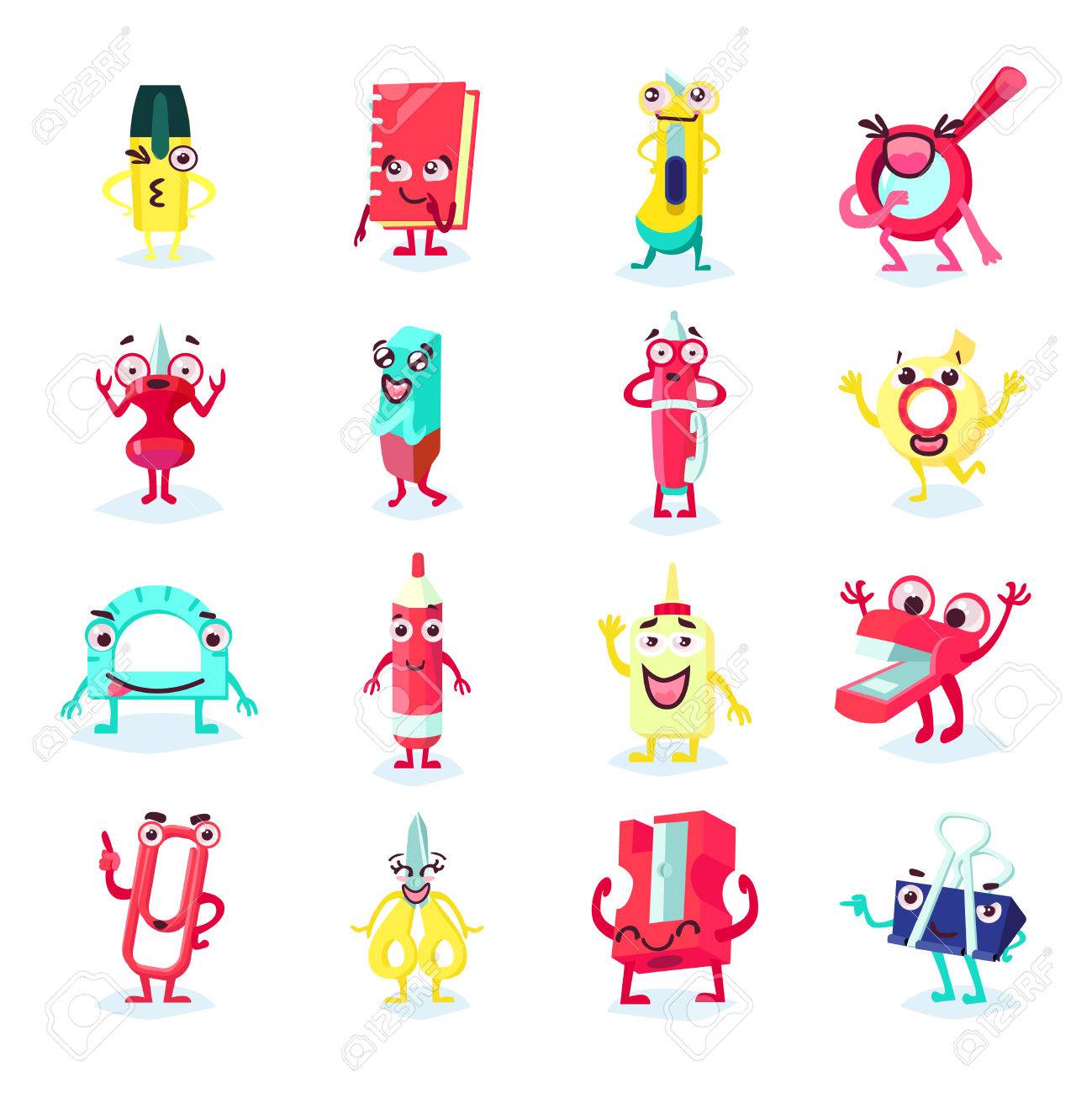 Fournitures De Bureau Collection Plat Drole Avec Differents Outils Souriant Objets Accessoires Et Illustration Vectorielle De Papeterie Isole Clip Art Libres De Droits Vecteurs Et Illustration Image 66915025