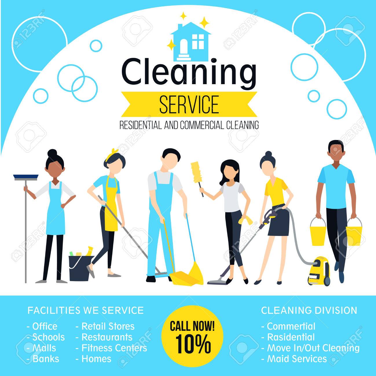 cleaning company poster with workers and different services in different cleaning services