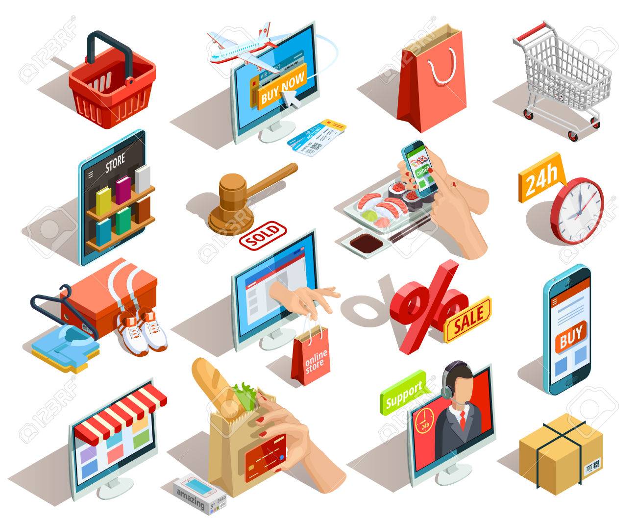 等尺性影アイコンをオンライン ショッピング食料品の旅行本と衣料品 E コマース コレクションを格納する分離発注のベクトル図のイラスト素材 ベクタ Image