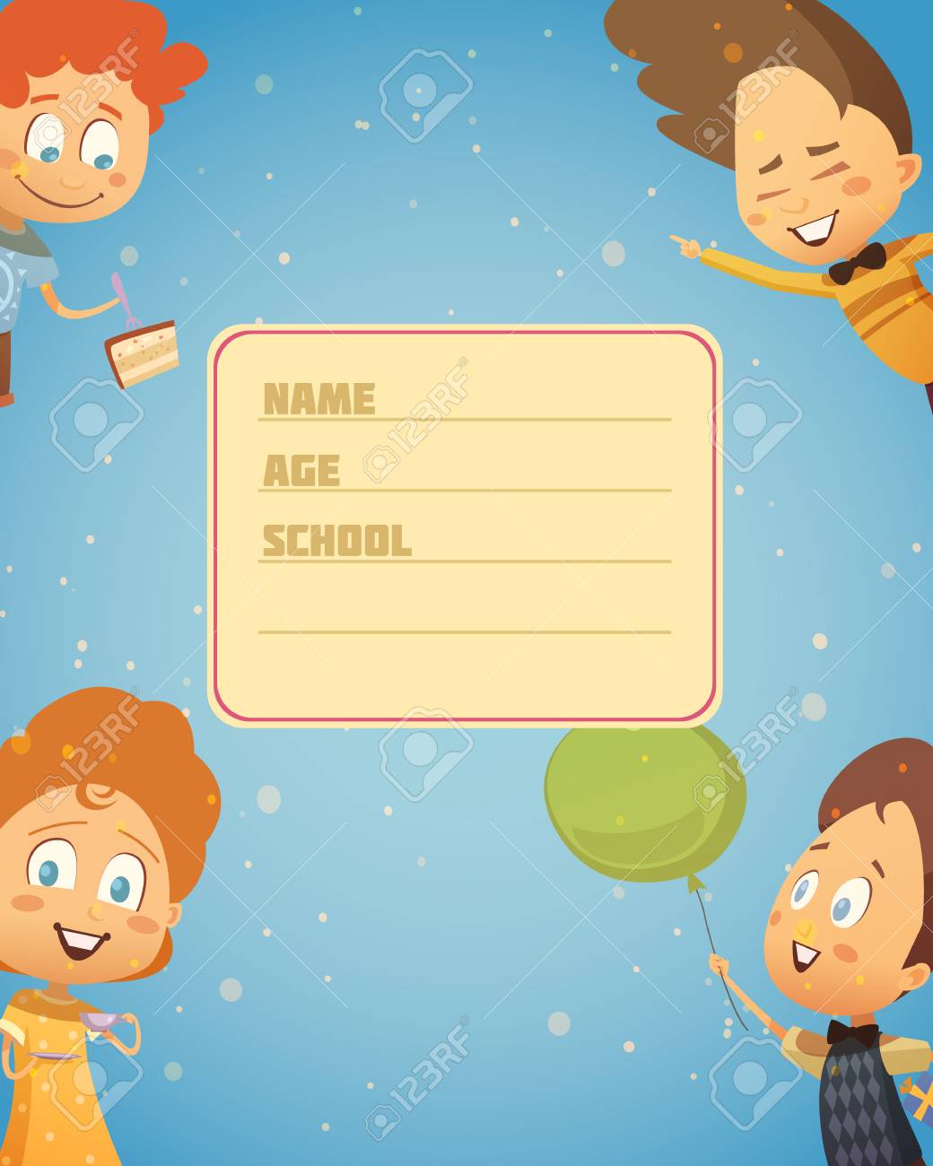 子供パーティー学校ノートブックの表紙のイメージでレトロな組成と 4 つの幸せな漫画人物フラット レトロなベクトル図のイラスト素材 ベクタ Image