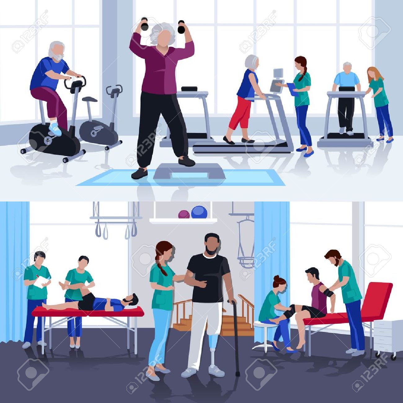 Rehabilitation care and physiotherapy treatments for children and adults 2 flat banners composition poster isolated vector illustration - 68585360 Rehabilitation care and physiotherapy treatments for children and adults 2 flat banners composition poster isolated vector illustration - 68585360