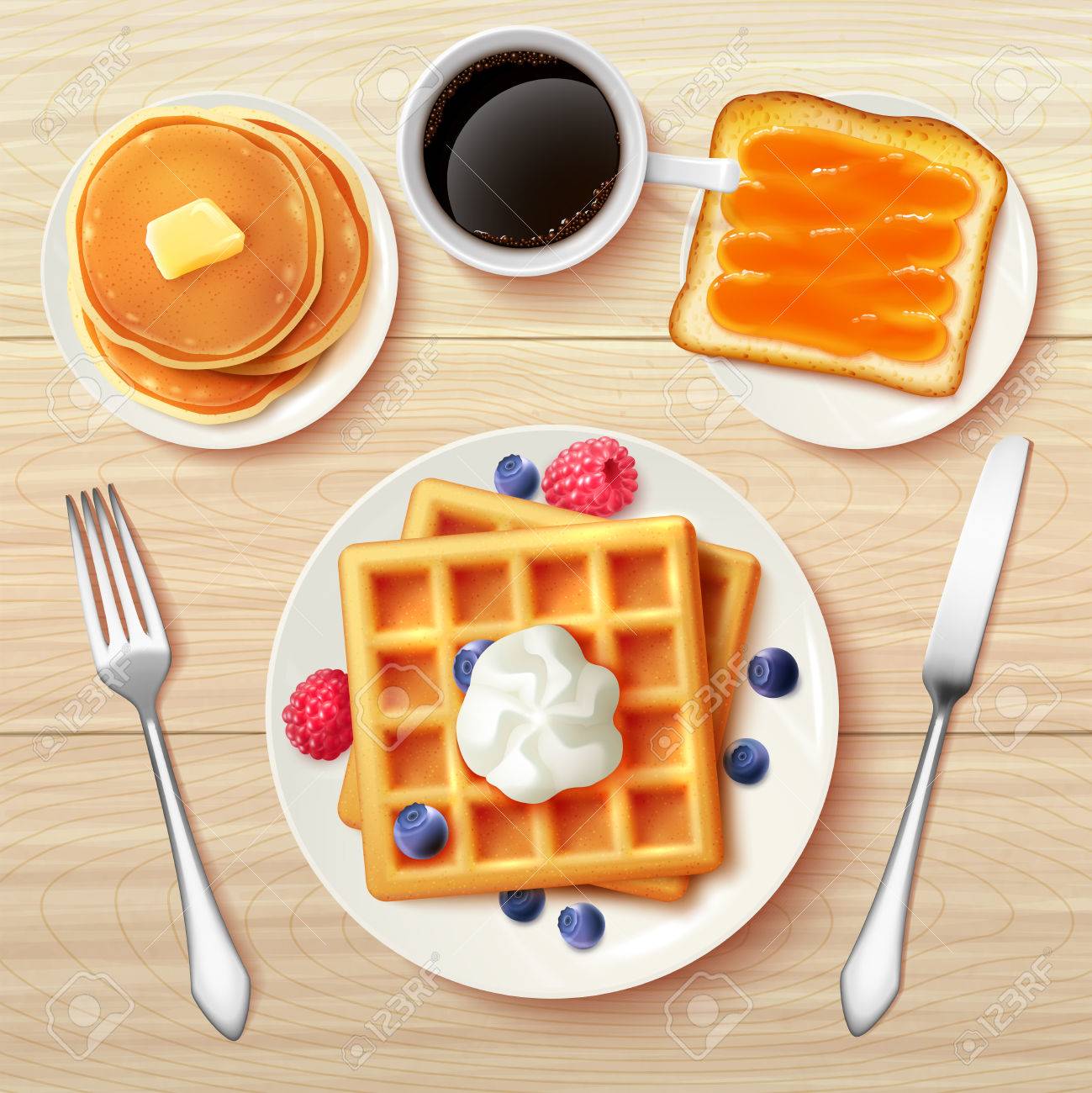 Sweet Classic Breakfast With Waffles Berries Jam Toast Pancakes And Black Coffee Top View Realistic Vector Illustration Royalty Free Cliparts Vectors And Stock Illustration Image Sweet Classic Breakfast With Waffles Berries Jam Toast Pancakes And Black Coffee Top View Realistic Vector Illustration Royalty Free Cliparts Vectors And Stock Illustration Image