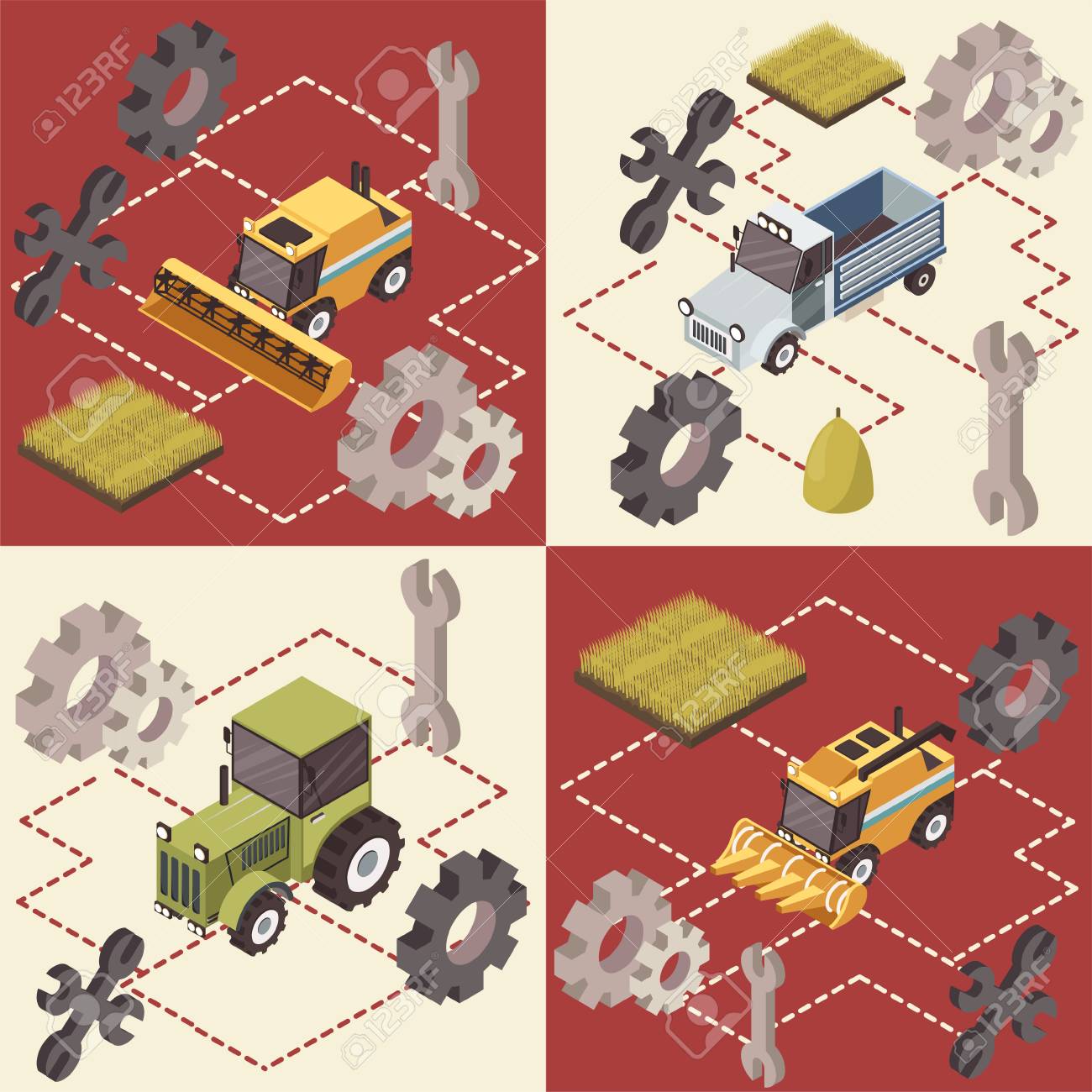 Concepto Isométrico De Vehículos De Granja Con Piezas De Repuesto Para Tractores Y Camiones Y Campos De Aislados Ilustración Vectorial Ilustraciones Svg, Vectoriales, Clip Art Vectorizado Libre De Derechos. Image 72881900.