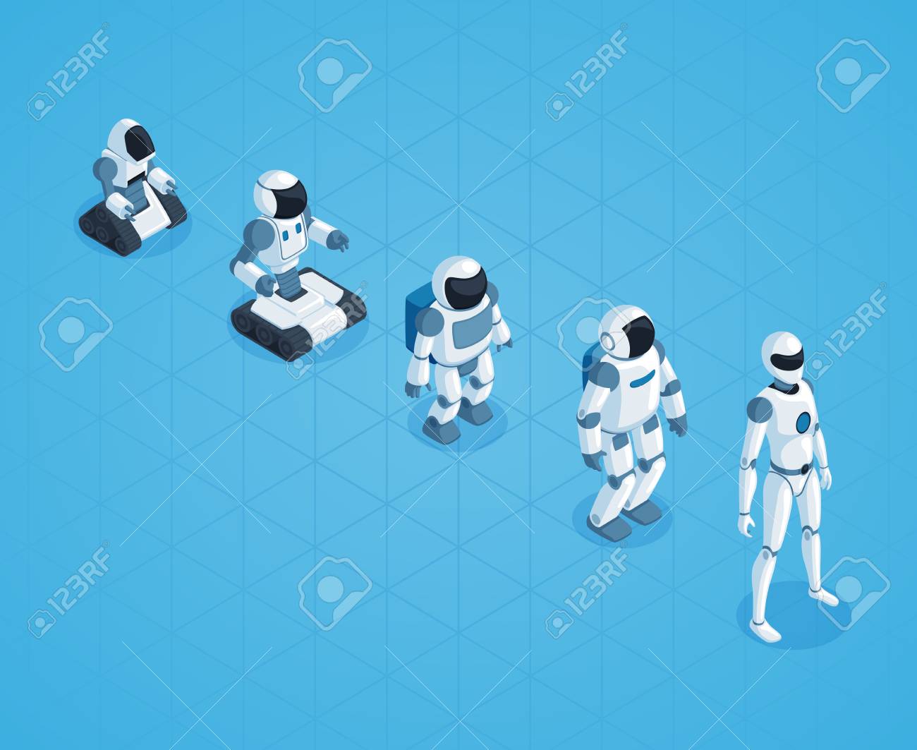 テクスチャの青い背景のベクトル図にアンドロイド開発の段階でロボット等尺性設計の進化 のイラスト素材 ベクタ Image
