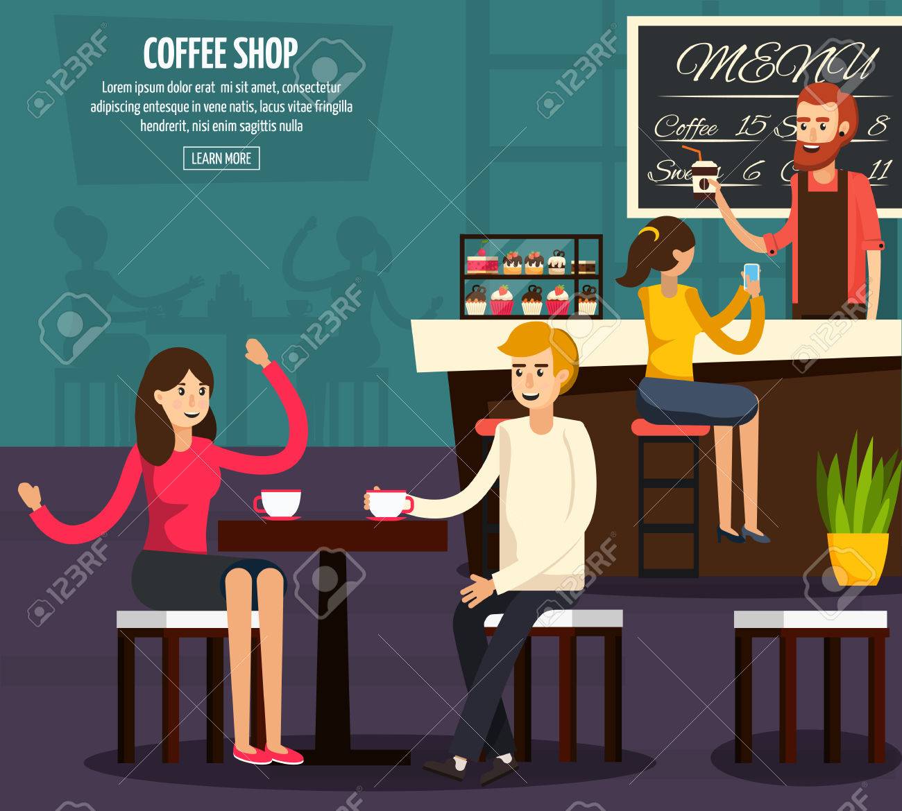 二人座るし 飲むコーヒーのベクトル図と色カフェ労働者平面的構成のイラスト素材 ベクタ Image 二人座るし 飲むコーヒーのベクトル図と色カフェ労働者平面的構成のイラスト素材 ベクタ Image