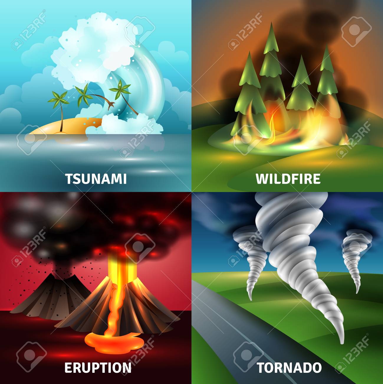 Natural Disasters Design Concept With Tsunami Volcano Eruption