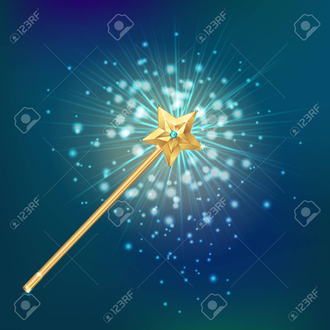 星夜の空と明るいフレア背景現実的なベクトル イラストで飾られた黄金の魔法の杖 のイラスト素材 ベクタ Image