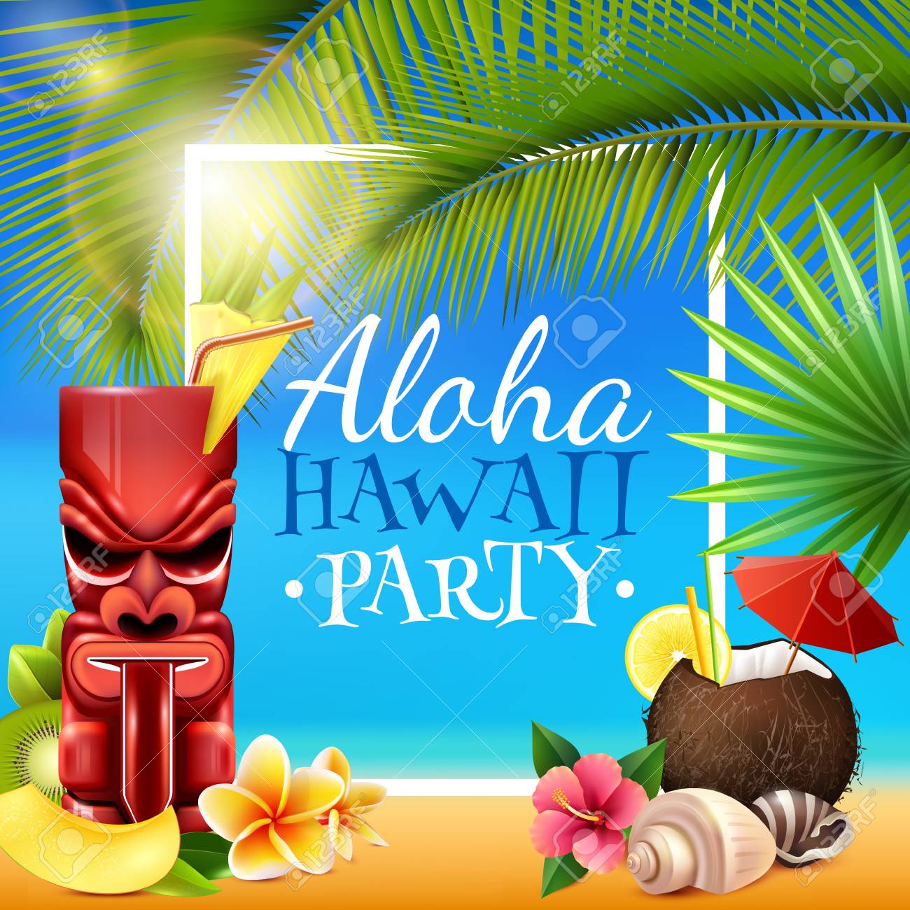 hawaiian party frame with tiki mug coconut cocktail shells