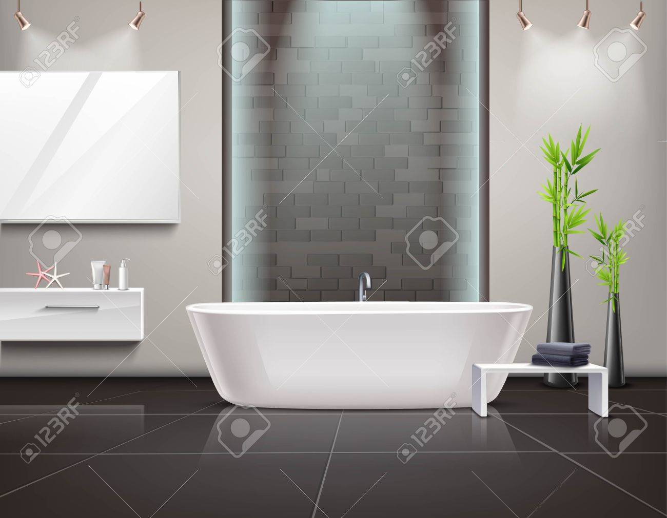 Interior Realista Del Cuarto De Baño Con El Espejo Y La Iluminación ... Interior Realista Del Cuarto De Baño Con El Espejo Y La Iluminación ...