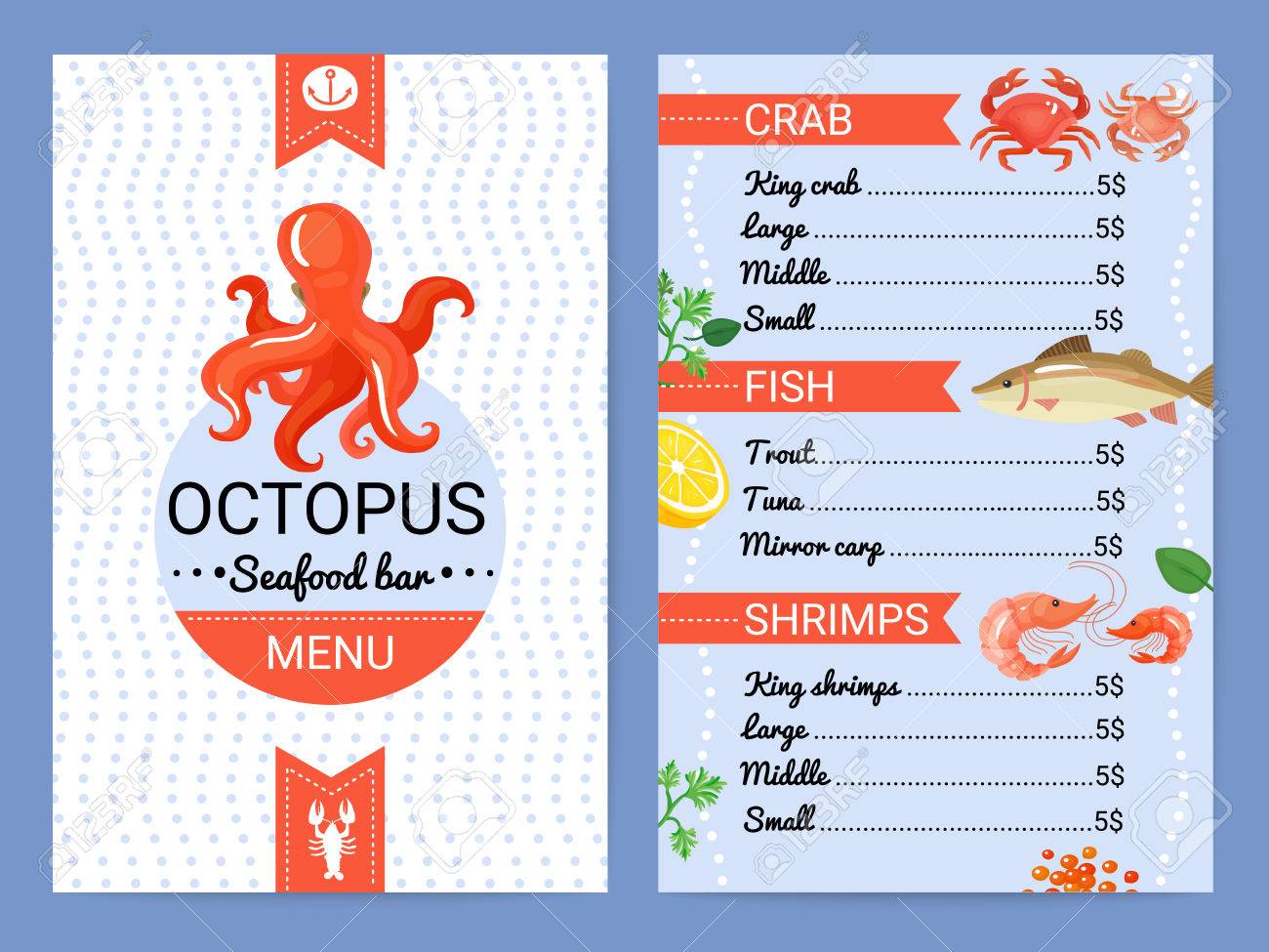 octopus seafood restaurant bar menu card with crab fish shrimps