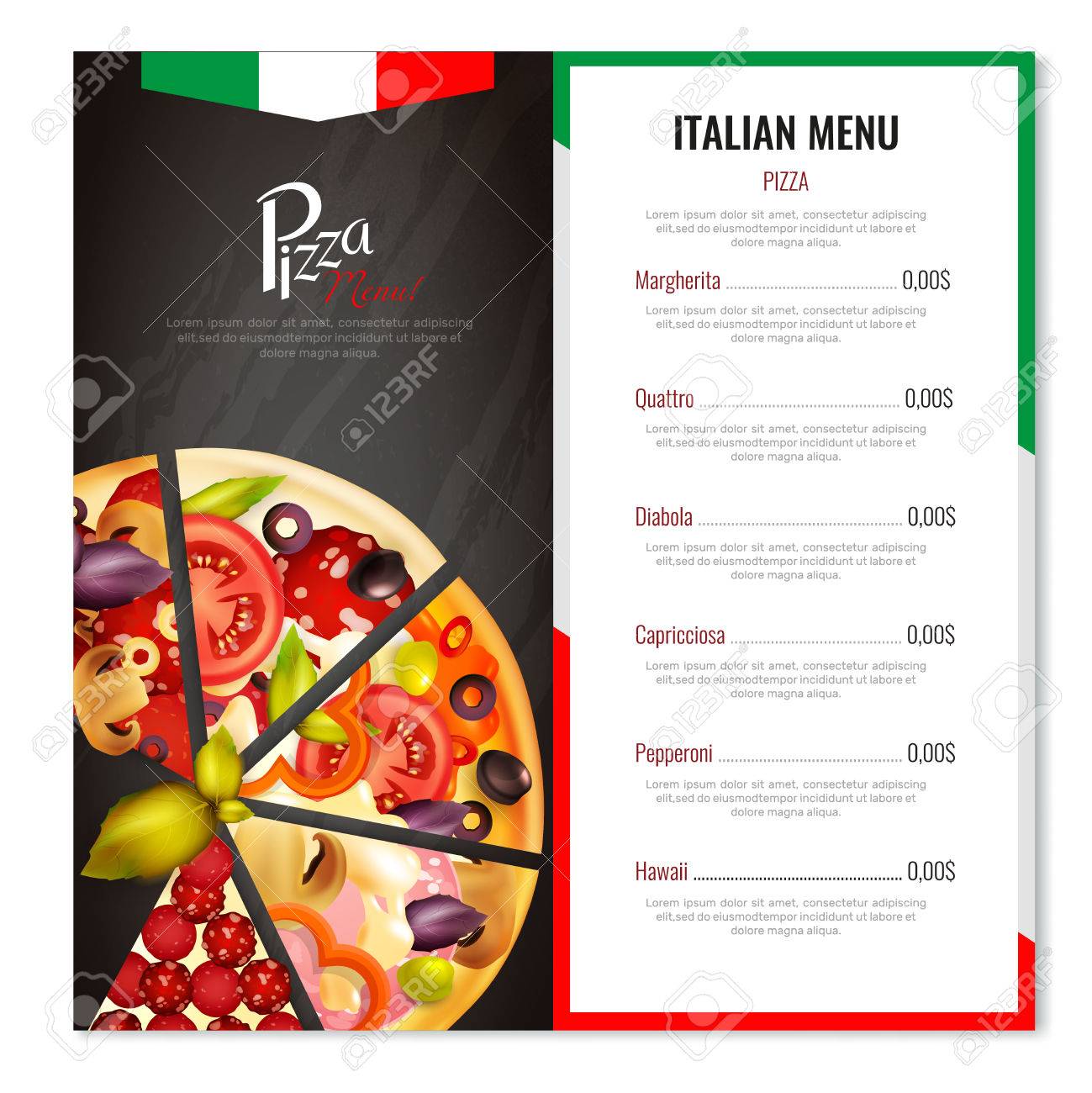pizza menu design with realistic images of pizza slices with