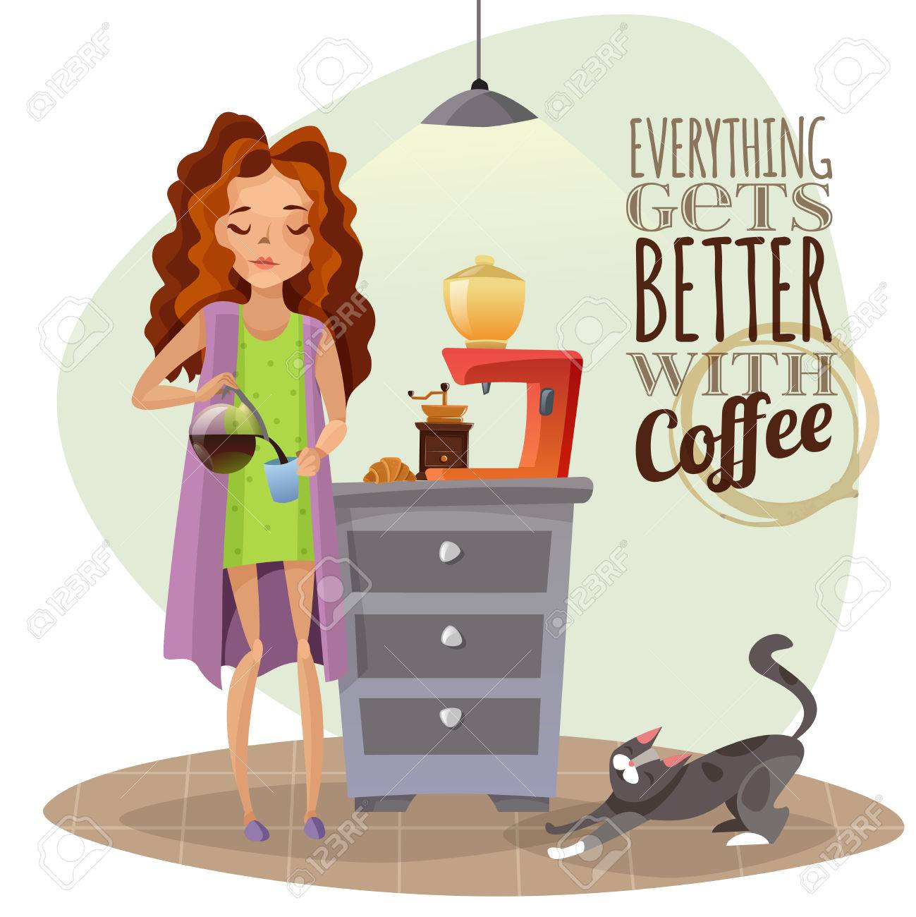 Morning awakening cartoon vector illustration with young girl.. Morning awakening cartoon vector illustration with young girl..