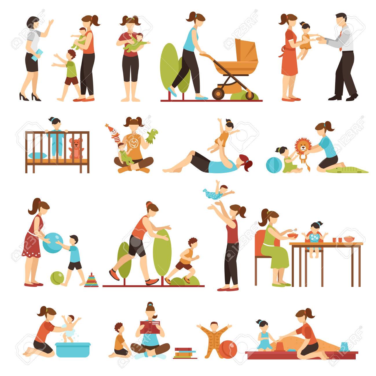 babysitter flat set of decorative colored icons with nanny parents kid babysitter