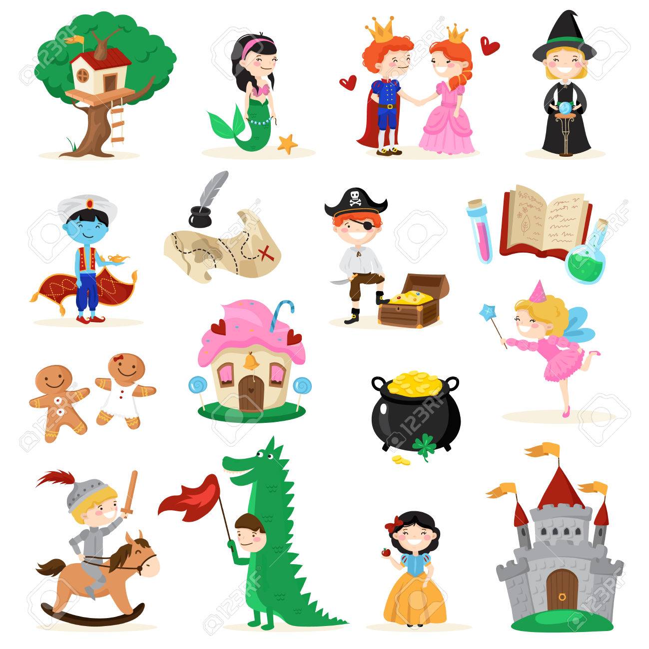 Set Of Fairytale Characters In Cartoon Style Including Tree House