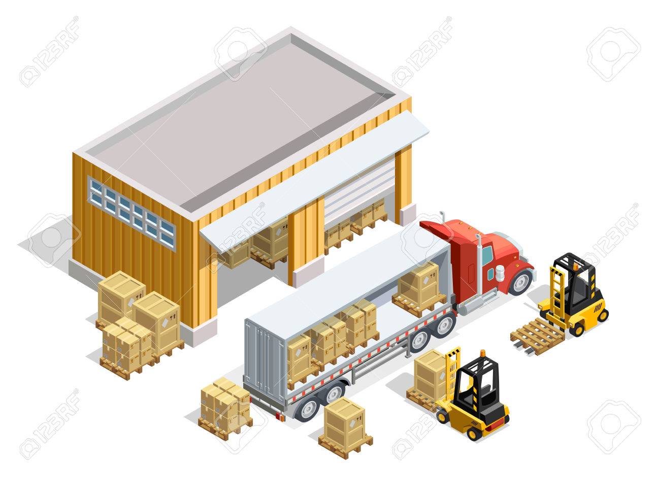 Warehouse Isometric Template With Storage And Forklifts Loading Cargo Into Truck Vector Illustration Archivio Fotografico Warehouse Isometric Template With Storage And Forklifts Loading Cargo Into Truck Vector Illustration Archivio Fotografico