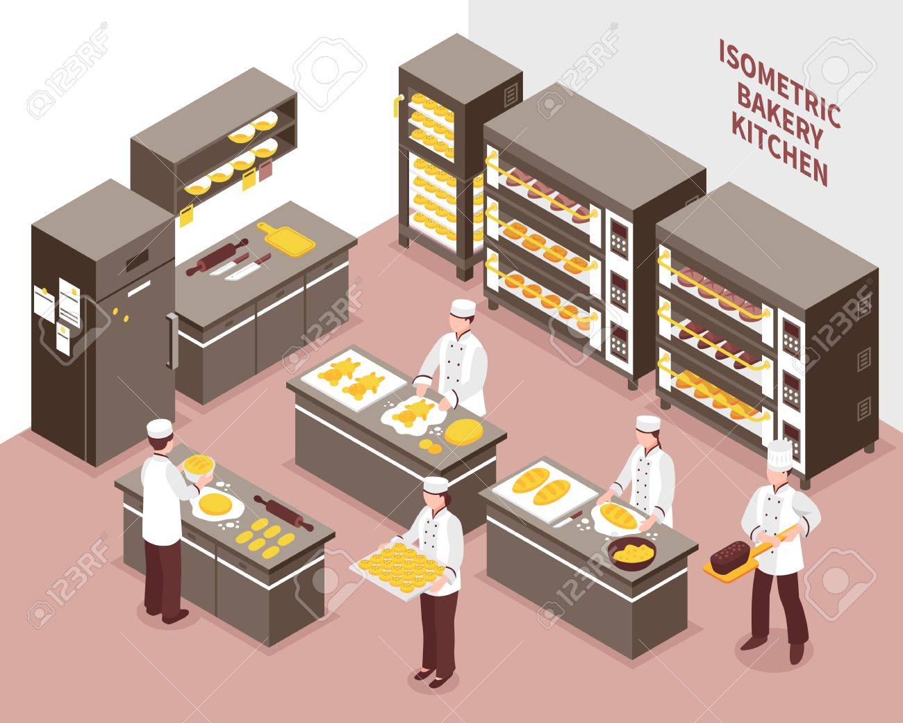 Five Bakers Working In Spacious Bakery Kitchen 3d Isometric Vector Royalty Free Cliparts Vectors And Stock Illustration Image 85487741