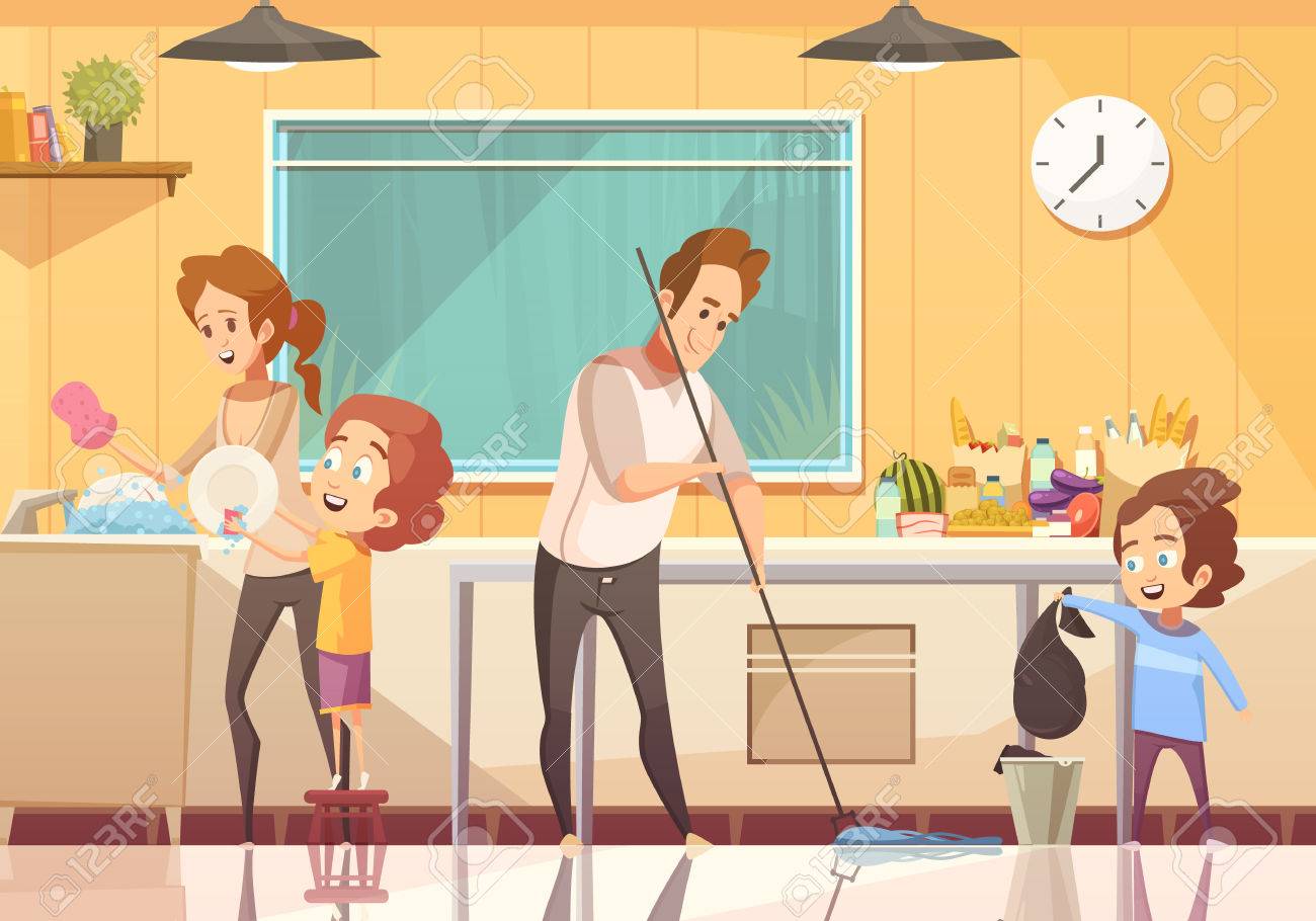 Kids helping parents cleaning kitchen retro cartoon poster with floor sweeping and washing dishes abstract vector illustration - 85870214 Kids helping parents cleaning kitchen retro cartoon poster with floor sweeping and washing dishes abstract vector illustration - 85870214