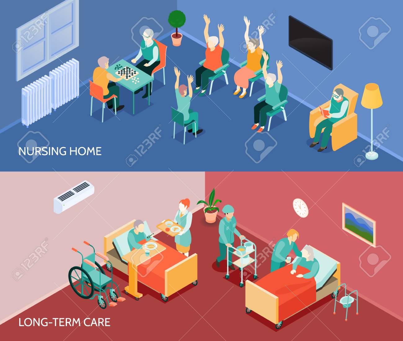 Nursing home long-term care unit 2 horizontal banners with daily activities and feeding assistance isolated vector illustration - 86203462 Nursing home long-term care unit 2 horizontal banners with daily activities and feeding assistance isolated vector illustration - 86203462