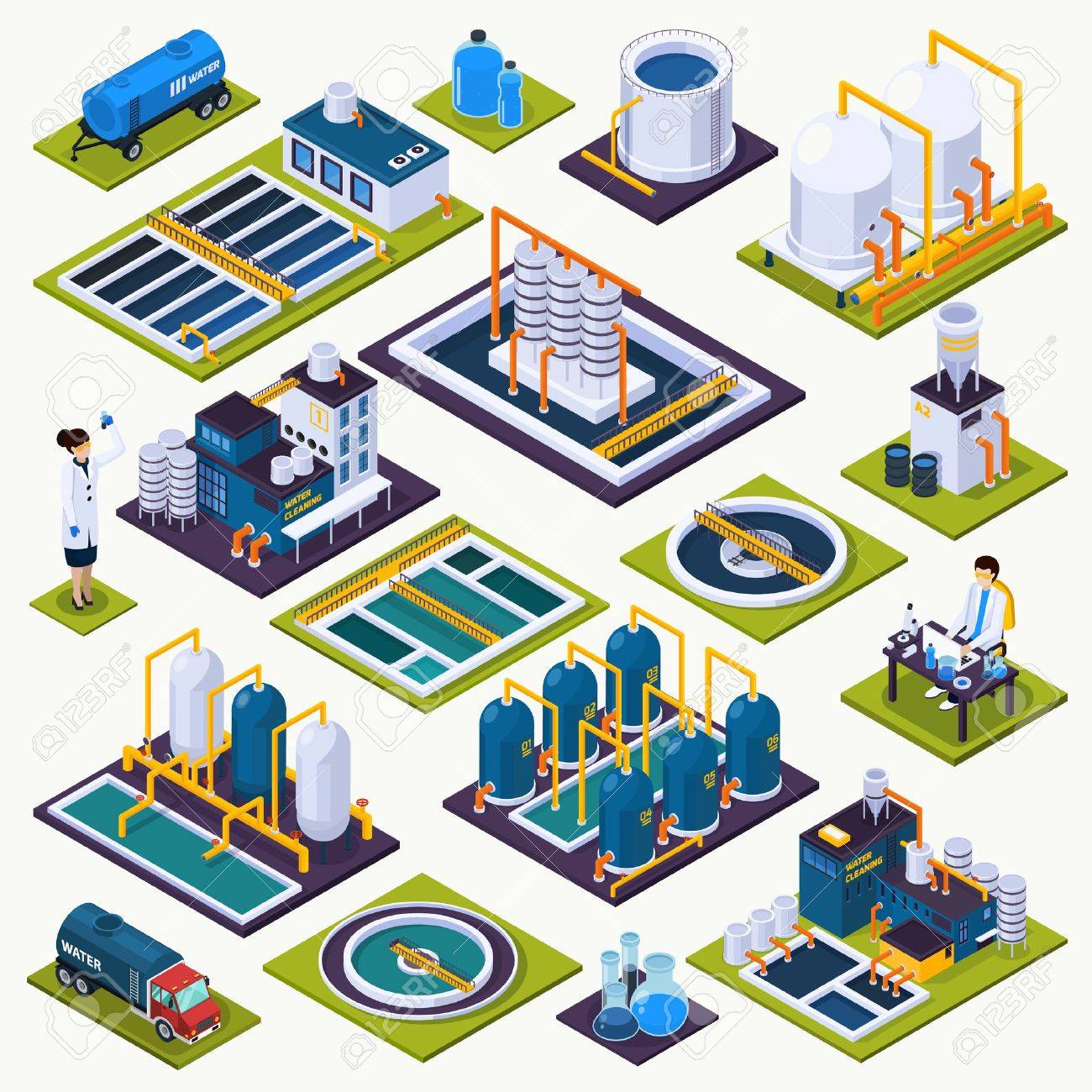 Water cleaning set of isometric icons with facilities of purification plant, laboratory test, transportation isolated vector illustration - 86223002 Water cleaning set of isometric icons with facilities of purification plant, laboratory test, transportation isolated vector illustration - 86223002