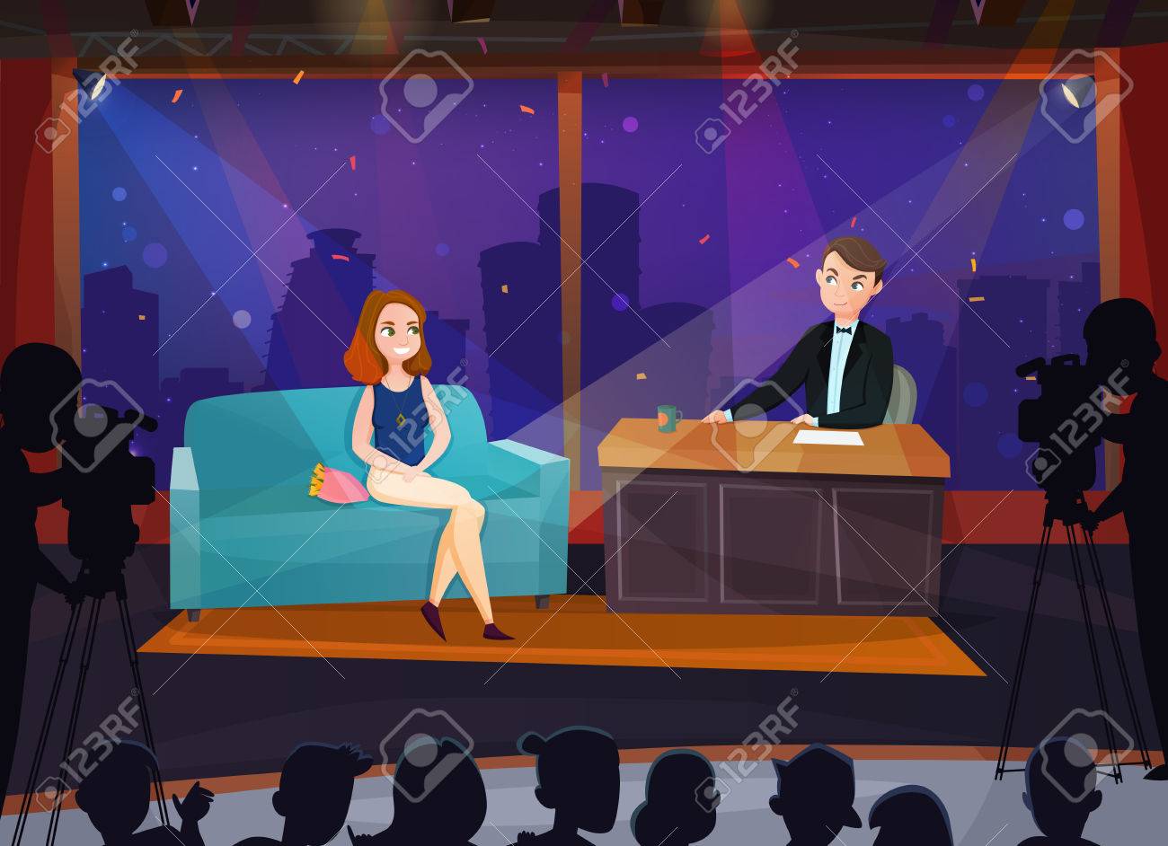 Smiling female participant in live talk show cartoon vector illustration - 86999553 Smiling female participant in live talk show cartoon vector illustration - 86999553
